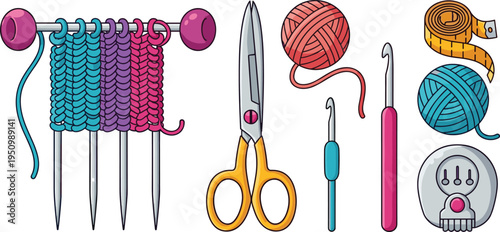 Knitting and Crochet Tool Collection Featuring Yarn Balls, Knitting Needles, Crochet Hooks, Scissors, Tape Measure, and Stitch Gauge for Craft and DIY Projects.