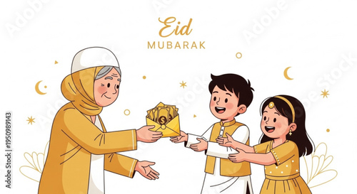 Eid mubarak celebration family giving gift and money