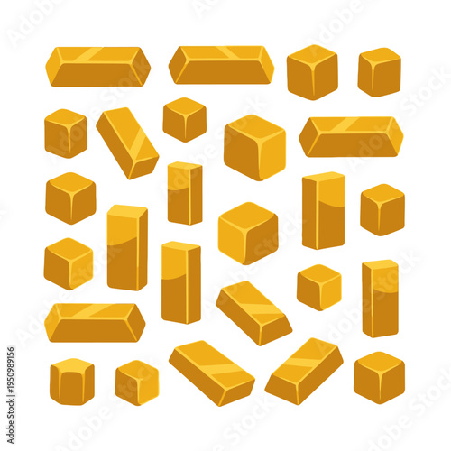 Set of Cartoon Gold Bars, Bullion Ingots, and Cubes Isolated on White Background. Financial Success and Game Asset Collection.