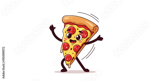 Cheerful animated pizza slice with pepperoni toppings and a smiling face isolated on a bright white background for food and fun concepts