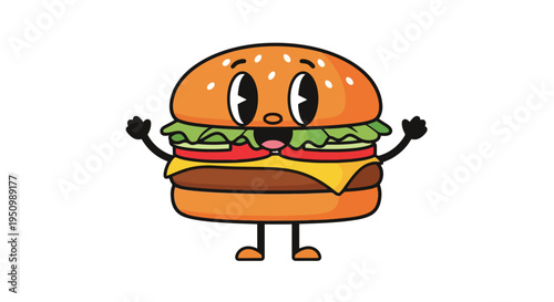 Cheerful Burger Character with Arms and Legs Illustrated Food Item Isolated on White Background Suitable for Restaurant and Food Related Content