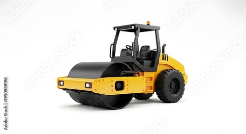A bright yellow heavy duty industrial soil compactor isolated on a clean white studio background