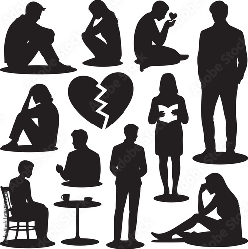 black silhouettes of people with a broken heart on white background