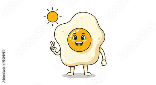 Cheerful animated fried egg character with outstretched arm gesturing peace sign under a warm bright yellow sun with radiating rays on a clear white