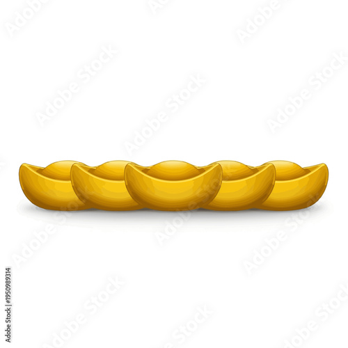 Traditional Chinese Gold Ingots (Yuanbao) Row Isolated on White Background for Lunar New Year Prosperity and Wealth Concept