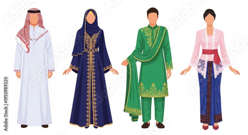 Diverse group of people wearing traditional clothing from different cultures standing together