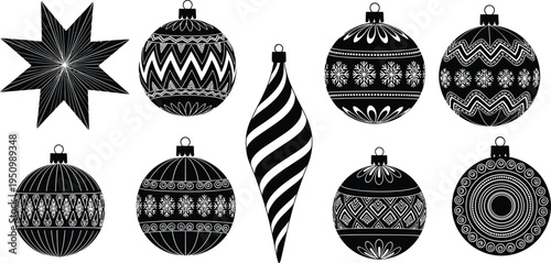 Set of decorative Christmas ornaments and star silhouette collection with patterned baubles for holiday decoration, festive design elements, and winter celebration graphics.