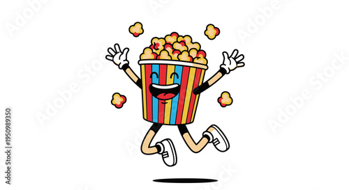 Cheerful popcorn bucket character with arms and legs smiling and jumping with delight ready for fun isolated on white background comic design