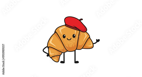 Cartoon croissant character with a red beret smiling and waving on a white background representing delicious baked pastry food from France