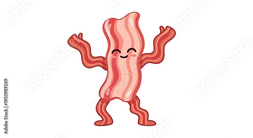Cartoon Strip of Animated Bacon Character Dancing Joyfully with arms and legs extended celebrating something and happy on a white backdrop