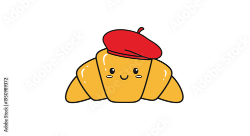 Cheerful golden pastry item with a red beret against a white backdrop ideal for bakery menus culinary projects and French cuisine themed content