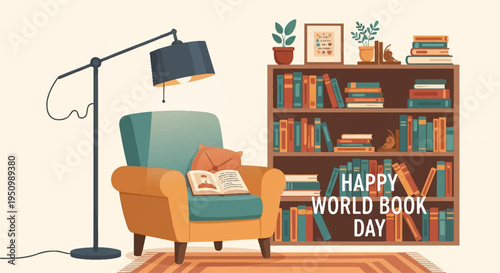 Cozy reading nook with chair floor lamp bookshelf and happy world book day sign celebrating literature and learning in a warm inviting home environment