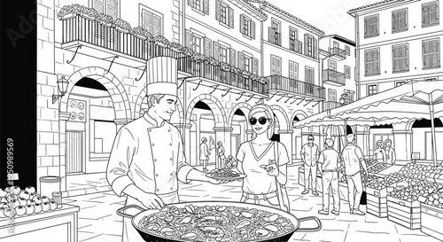 Street Food Chef Cooking Paella at European Market Square with Tourists and Fresh Produce Stalls, Traditional Culinary Culture Illustration