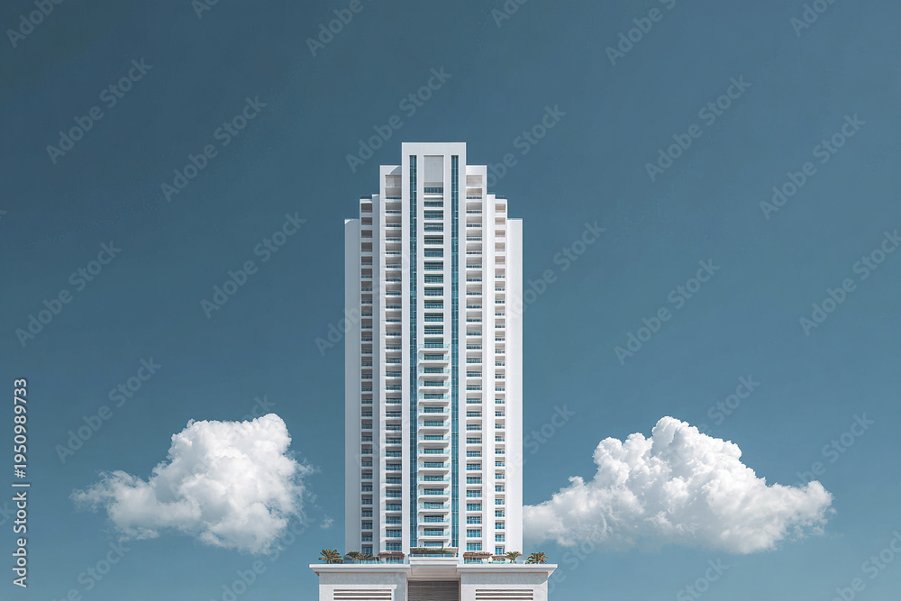 Fototapeta premium Modern white high rise building with symmetrical design stands tall against clear blue sky with two fluffy clouds, creating serene and balanced urban scene