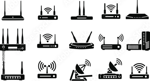 Wireless router and network equipment silhouettes set wifi modem antenna signal technology communication device vector icons collection isolated