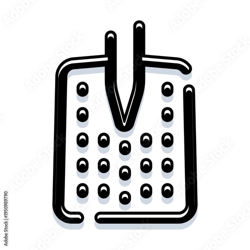 Black and white doodle style icon picturing a dentist's instrument, perhaps a scaler or scraper, surrounded by multiple tiny teeth or bubbles, representing dental hygiene and care