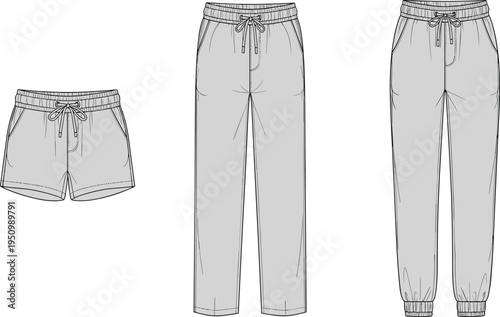 Women lounge shorts and jogger pants set technical fashion drawing with elastic drawstring waist casual apparel vector template illustration