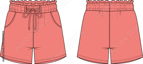 Women’s casual shorts vector illustration with elastic waistband, drawstring closure, front and back view, summer fashion apparel in soft coral color