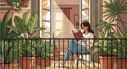 Woman relaxing on balcony with laptop and plants enjoying peaceful morning coffee