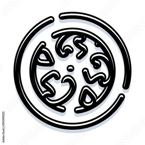 Black intricate arabic calligraphy forming a symbolic circular pattern, creating an elegant abstract graphic design with deep cultural and artistic meaning