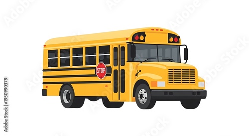 A classic yellow school bus illustration featuring a prominent stop sign on a white background
