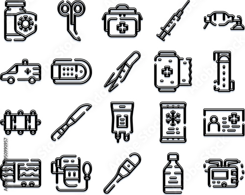 Collection of medical icons illustrating various tools and supplies for urgent health services, including ambulances, syringes, bandages, and diagnostics