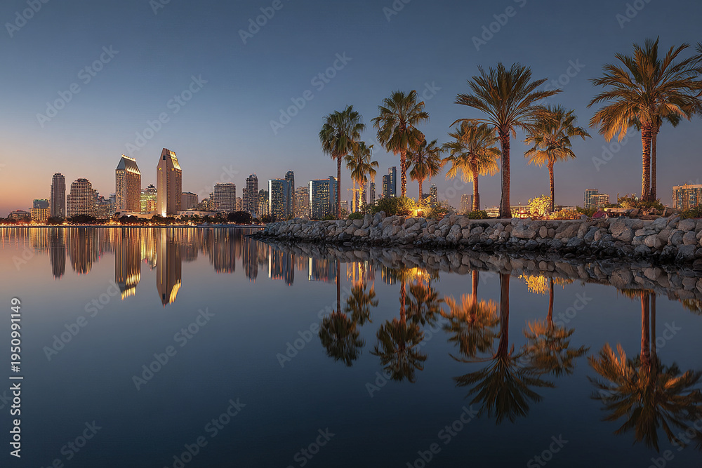 Obraz premium Modern downtown skyline with palm tree silhouettes and calm water reflections during blue hour sunset, creating peaceful and serene urban coastal atmosphere