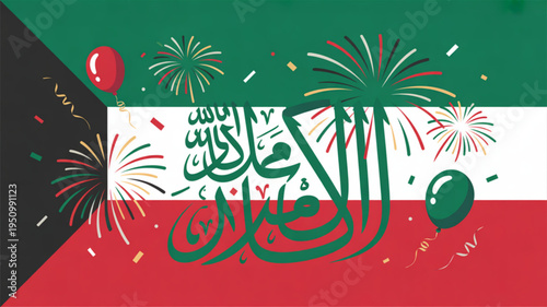 Kuwait national day celebration with fireworks and arabic calligraphy on flag background