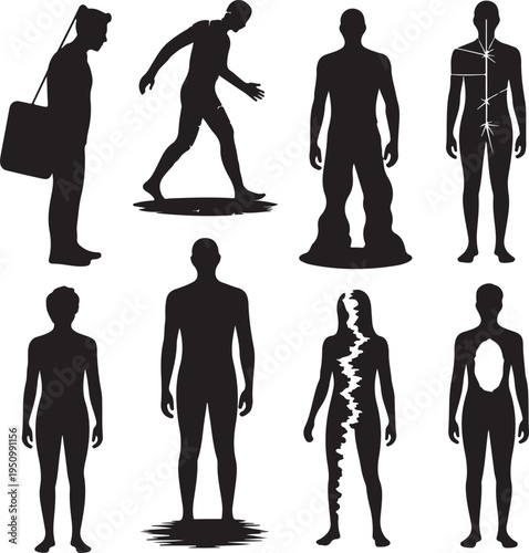 Collection of human body silhouettes in various poses and styles on white background