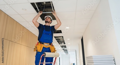 Construction worker installs suspended ceiling panel in modern commercial hallway