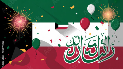 Kuwait national day celebration with arabic calligraphy and fireworks