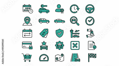Car rental icon set. Vehicle, automotive, transport, leasing, mobility, service, maintenance, insurance, payment, booking, reservation, airport, driver, keys, dealership, auto