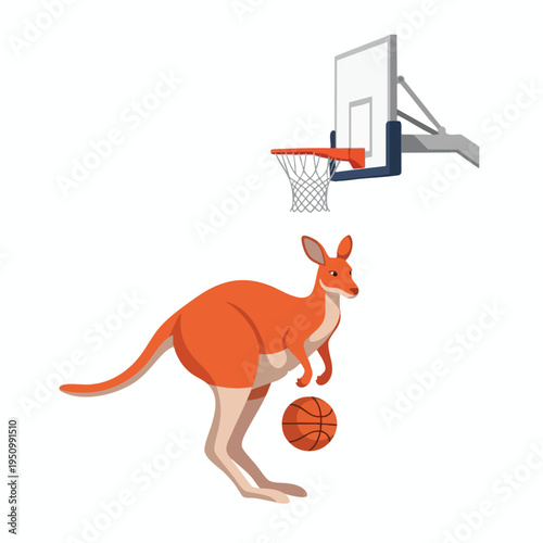 A cartoon kangaroo with a basketball pauses below a basketball hoop