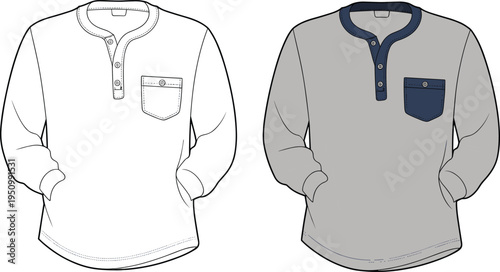Men’s Long Sleeve Henley T Shirt Vector Illustration Casual Apparel Design with Button Placket Pocket Front View Clothing Template