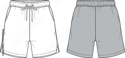 Men’s casual drawstring shorts fashion flat sketch template with elastic waistband and side pockets, apparel technical illustration for sportswear clothing design mockup