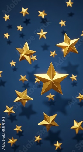 Numerous radiant golden celestial shapes float against a deep blue background