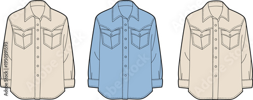 Men’s Long Sleeve Western Denim Shirt Vector Illustration Front View Apparel Design Template with Double Chest Pockets Casual Fashion Collection