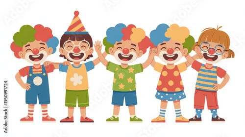 Five happy clowns with colorful wigs and outfits standing together with hands up in playful gesture on white background