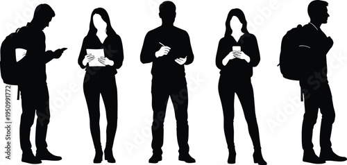 Student silhouettes using smartphone and notebook with backpacks, modern college campus lifestyle and digital communication concept illustration