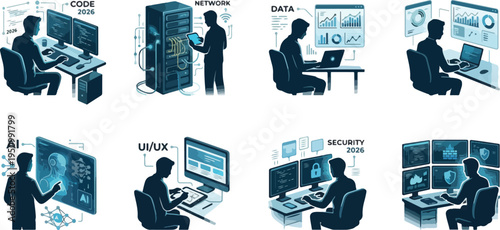  Comprehensive Collection of Professional Human Silhouettes Working with Advanced 2026 Technology, Artificial Intelligence, and Cloud Computing Network Systems on a Clean White Background 