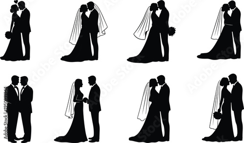 Wedding couple silhouettes collection with bride and groom kissing, romantic marriage ceremony poses, love and relationship concept illustration set