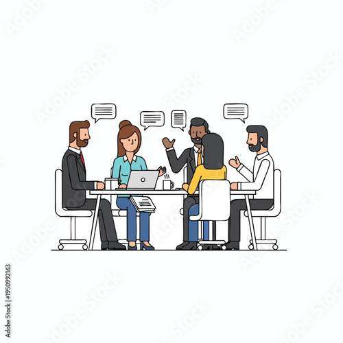 Diverse professionals collaborate at a table, engaging in discussion