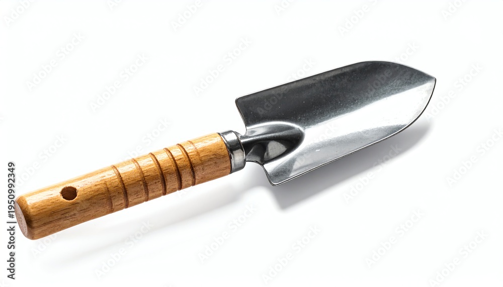 Fototapeta premium Simple metal garden hand trowel rests on white background, perfect for gardening, planting, digging, soil work, and landscaping projects in a minimal style.