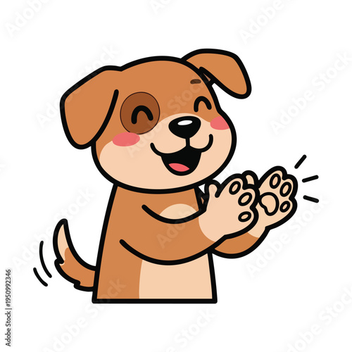 A cute cartoon puppy is clapping its paws with joy and excitement