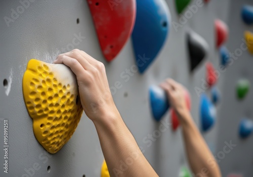 Close up of hand gripping climbing hold showcasing vibrant colors and textured surface against a neutral background highlighting fitness and sport