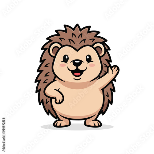 Cartoon hedgehog waving hello cheerfully with rosy cheeks and spiky fur