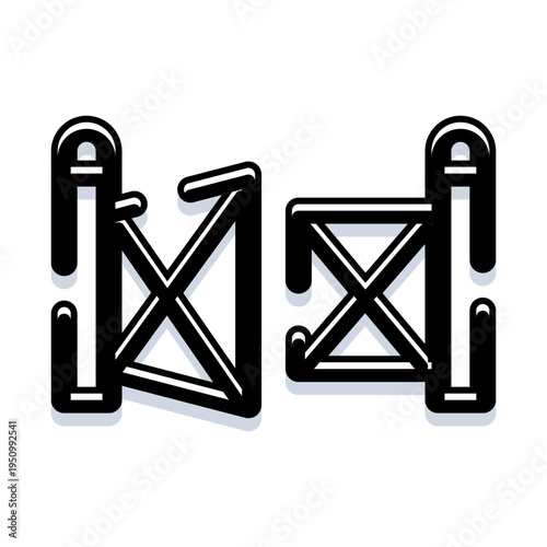Two distinct sections of a black and white iron gate illustrating both an opened and closed position, representing concepts of entry, exit, security, privacy, and boundaries