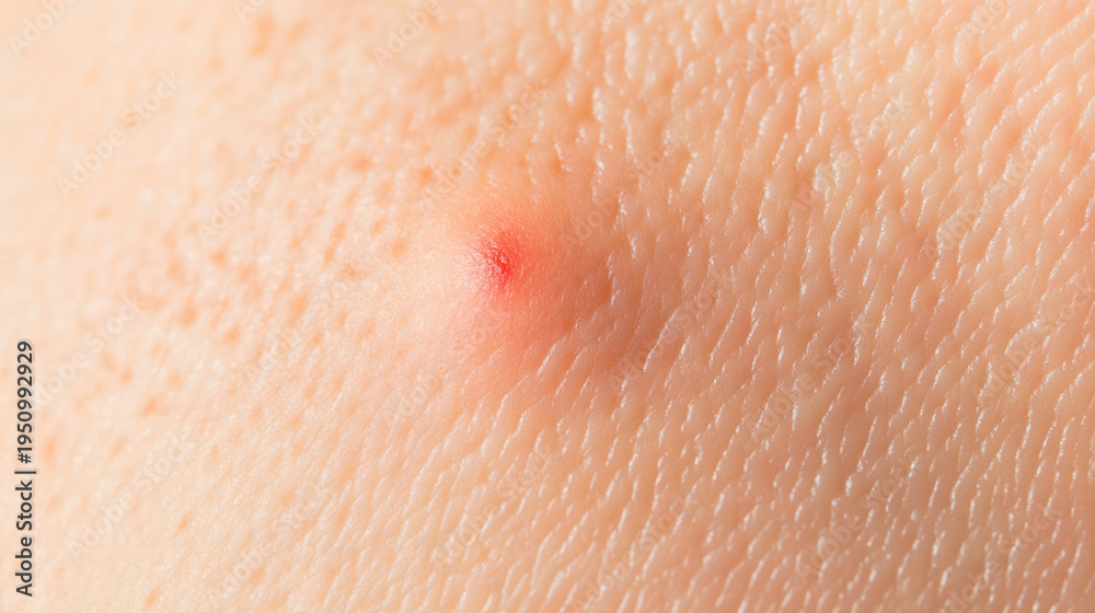 Fototapeta premium Close-up of red inflamed skin spot or acne on human skin, representing dermatology issues, irritation, allergy or insect bite in healthcare and skincare concepts.