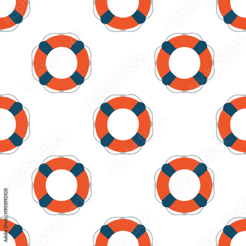 Repeating pattern of orange and blue life preservers on white background