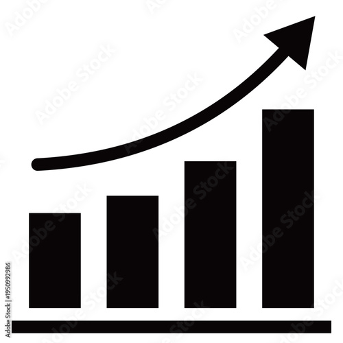 緩やかな曲線で上昇する矢印と棒グラフのビジネスアイコン（持続的成長・安定・成功・モノクロ）
